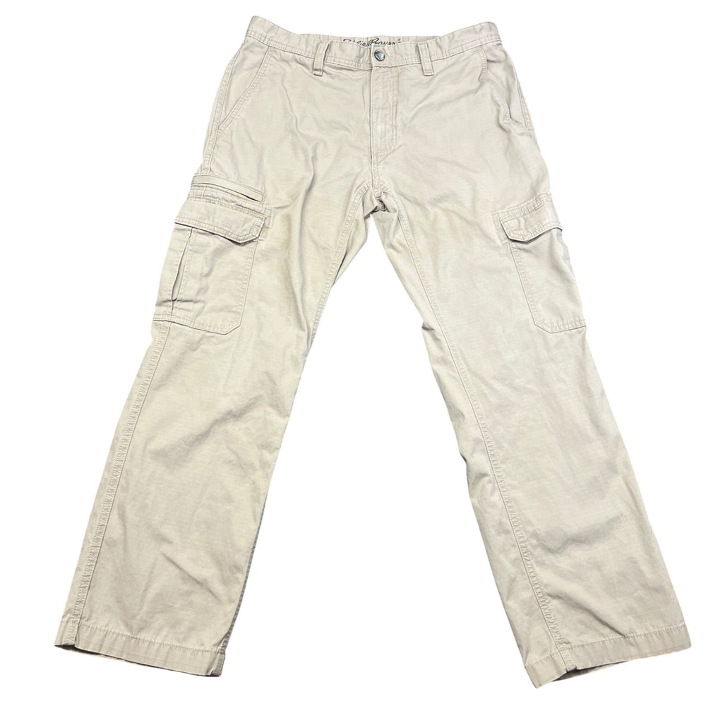 Eddie Bauer Mens 34x30 Tan Cotton Ripstop Cargo Pants Straight Leg Outdoor Khaki